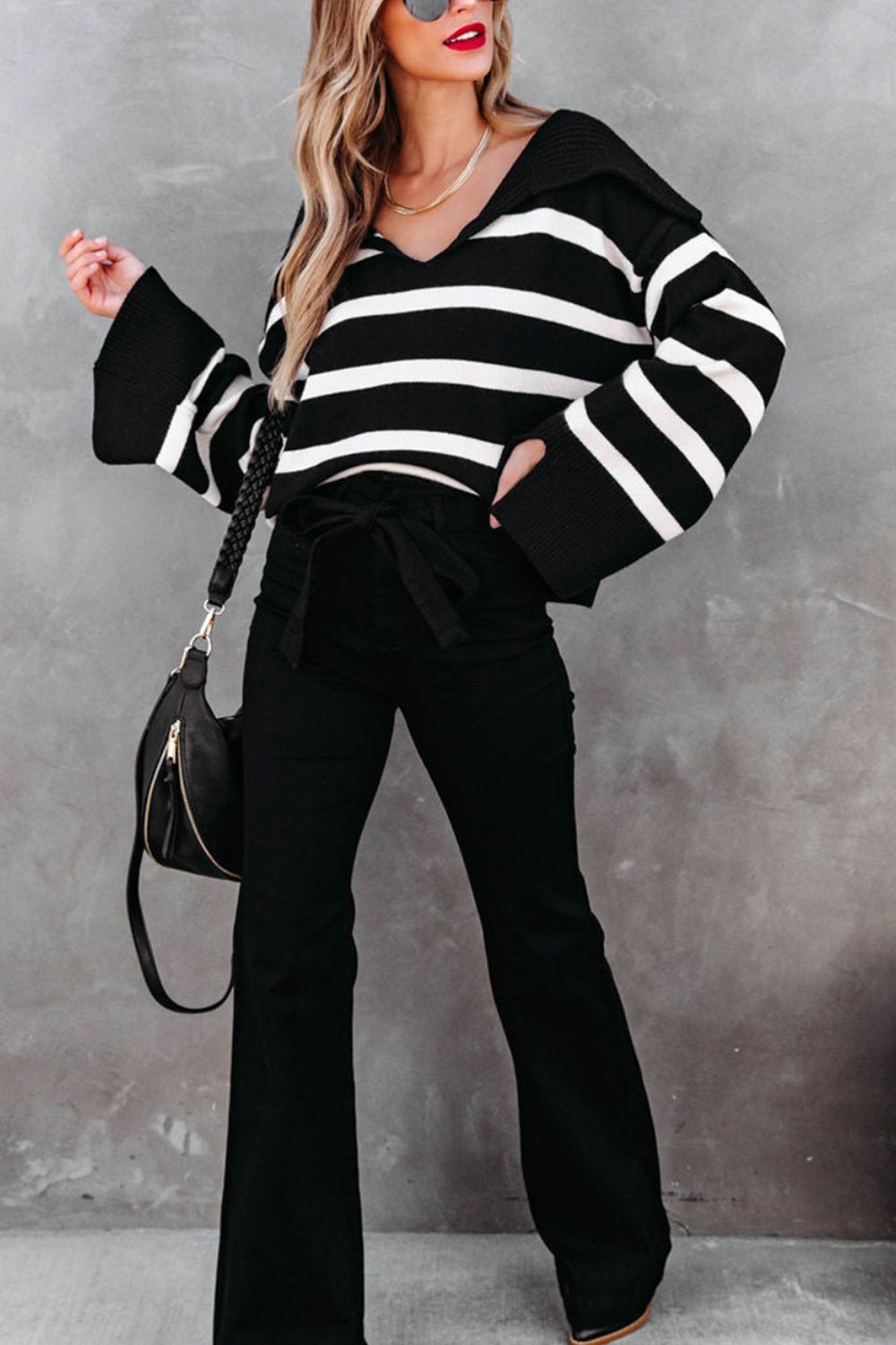 Outfit Flow - Striped Johnny Collar Long Sleeve Sweater