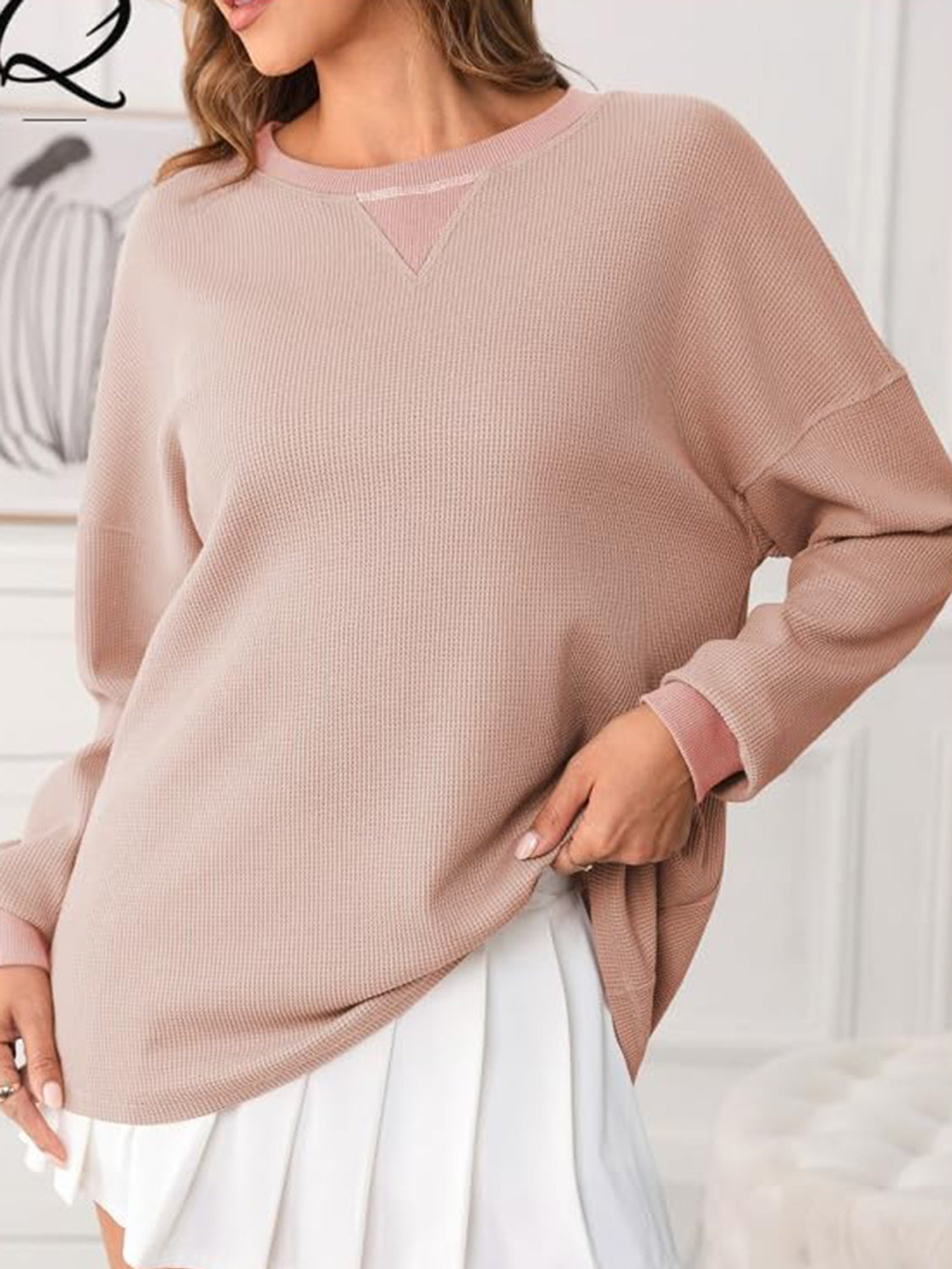 Outfit Flow - Waffle Knit Round Neck Long Sleeve T-Shirt