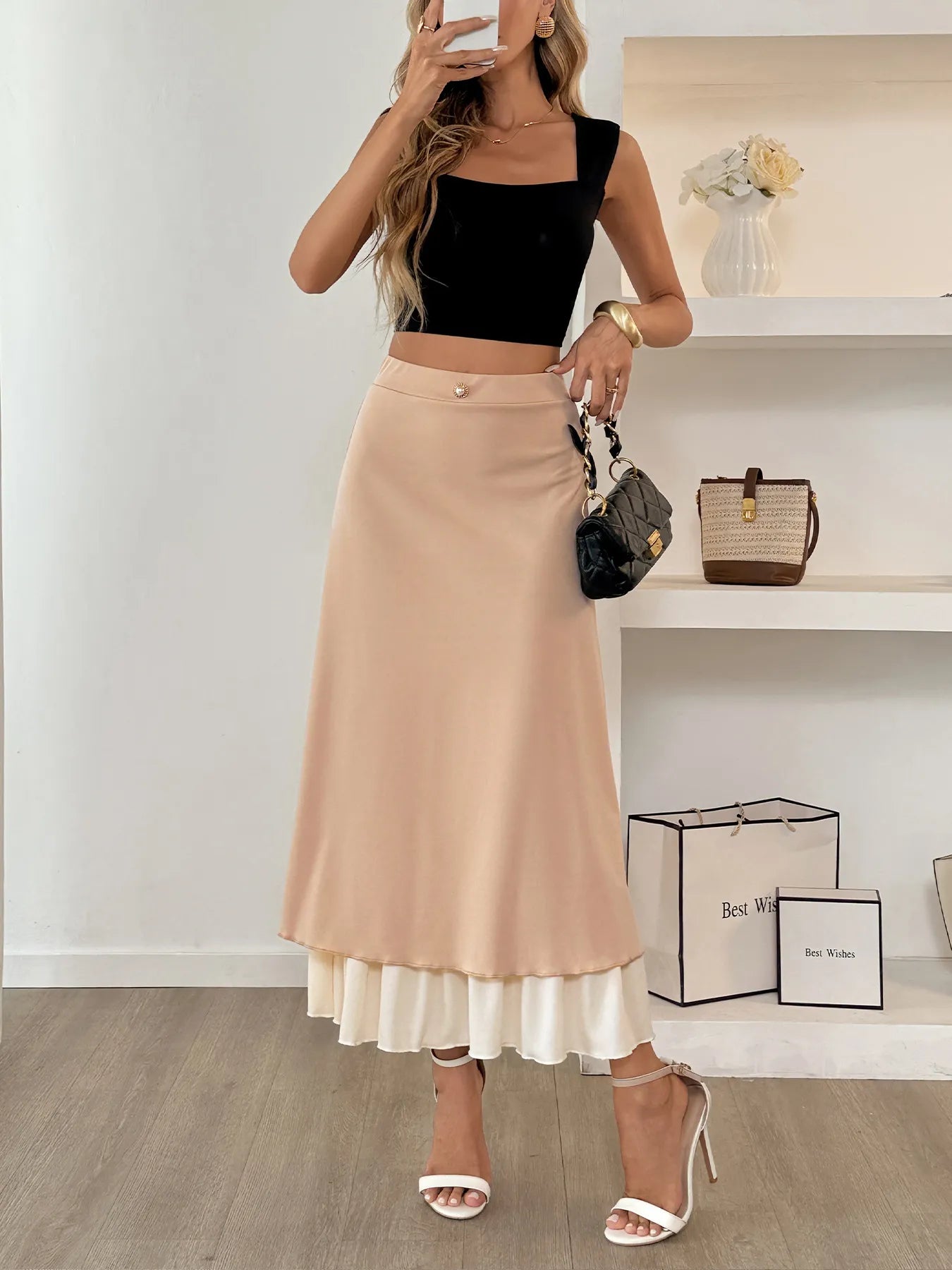Layered Midi Skirt with Contrast Hem Detail OutfitFlow