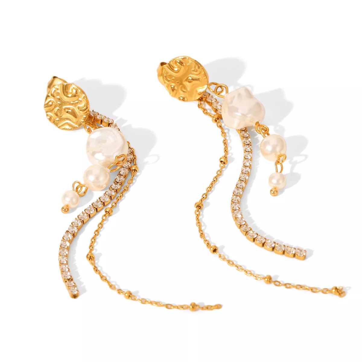 18K Gold-Plated Zircon Pearl Chain Earrings OutfitFlow
