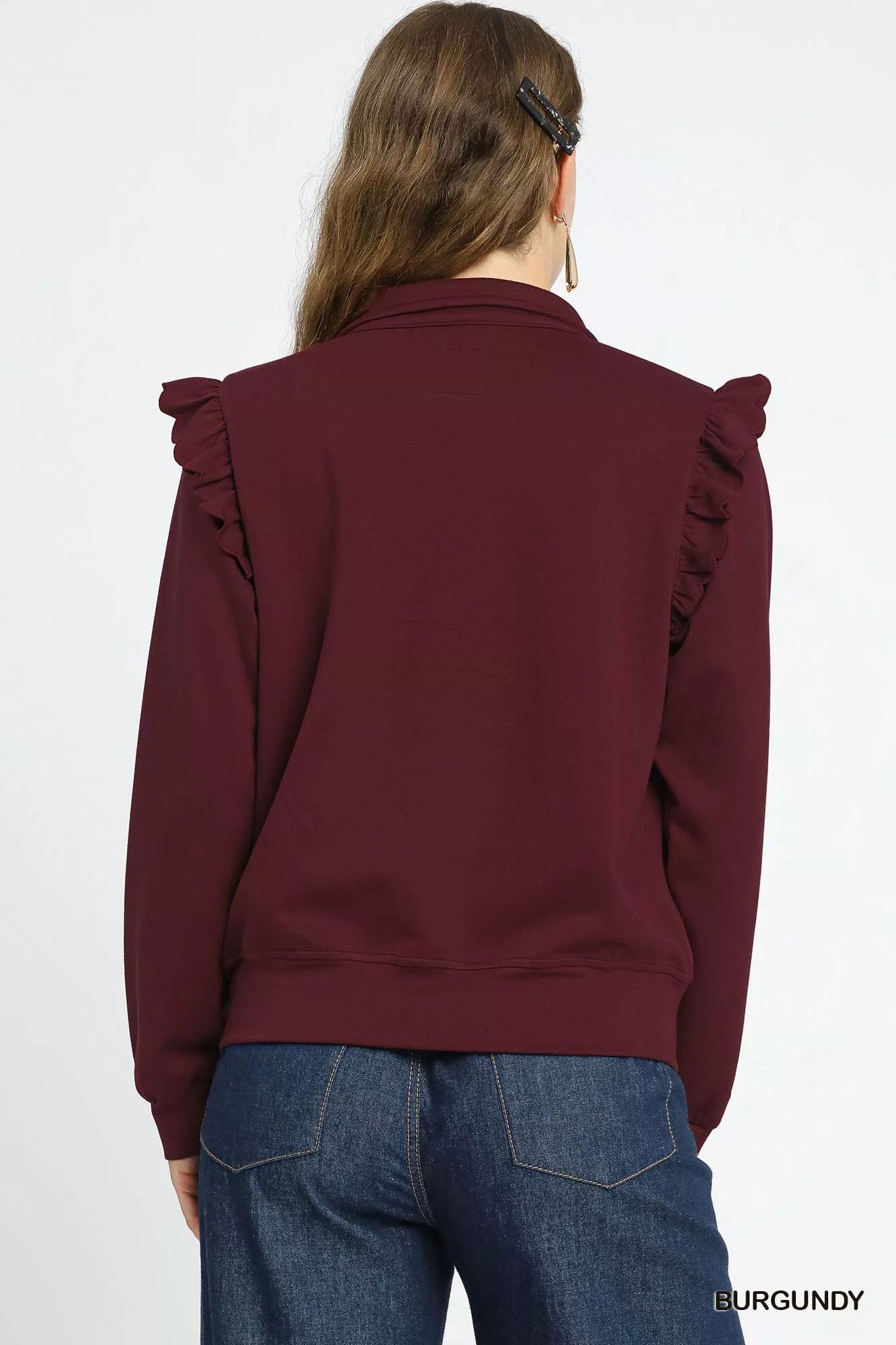 Umgee Luxeknit Ruffle Shoulder Quarter-Zip Sweatshirt Trendsi