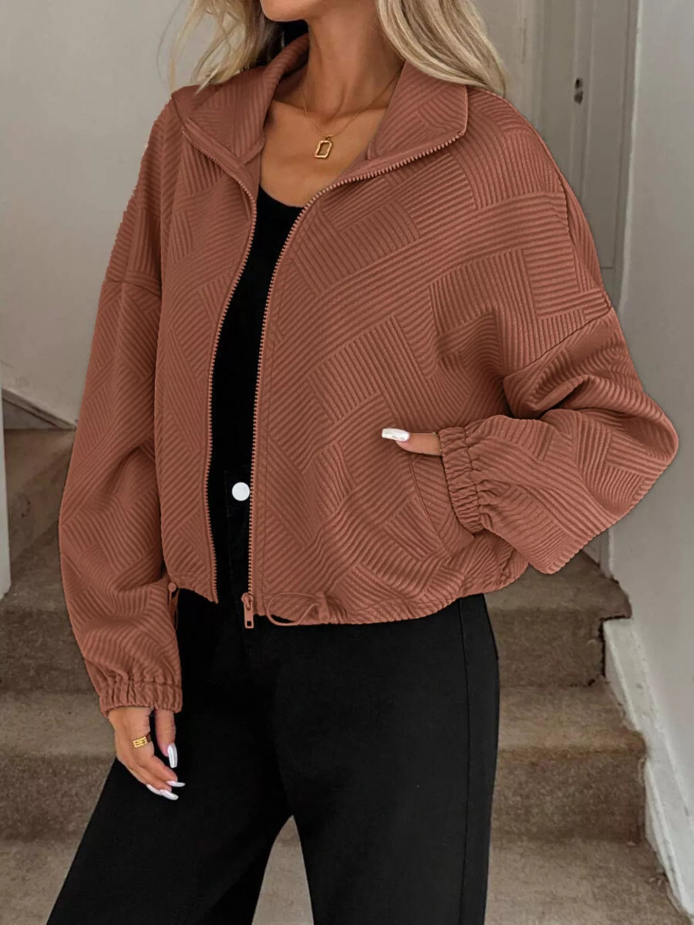 Drawstring Hem Textured Long Sleeve Jacket OutfitFlow