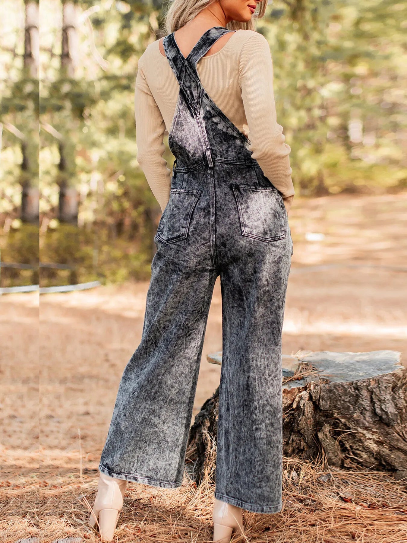 Vintage Washed Wide Leg Denim Overalls with Front Pockets OutfitFlow