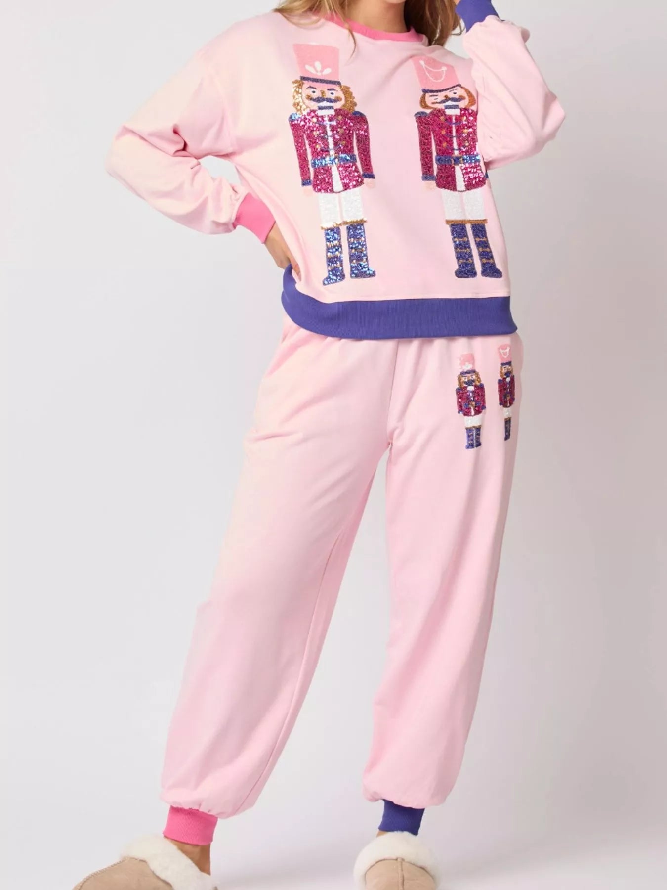 Nutcracker Contrast Trim Sweatshirt and Pants Set Pink OutfitFlow