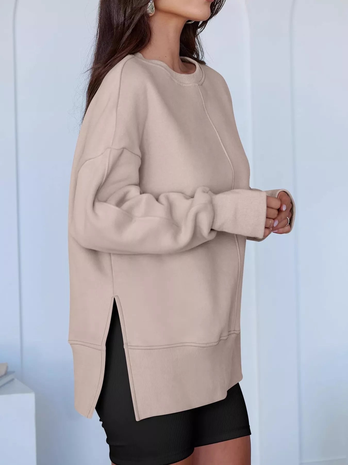 Side Slit Round Neck Long Sleeve Sweatshirt OutfitFlow