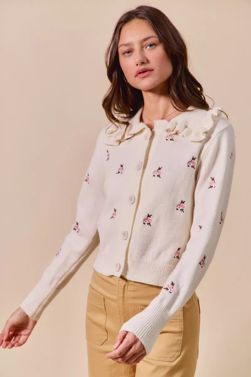 SO ME Collared Floral Embroidered Button Down Sweater Cardigan OutfitFlow
