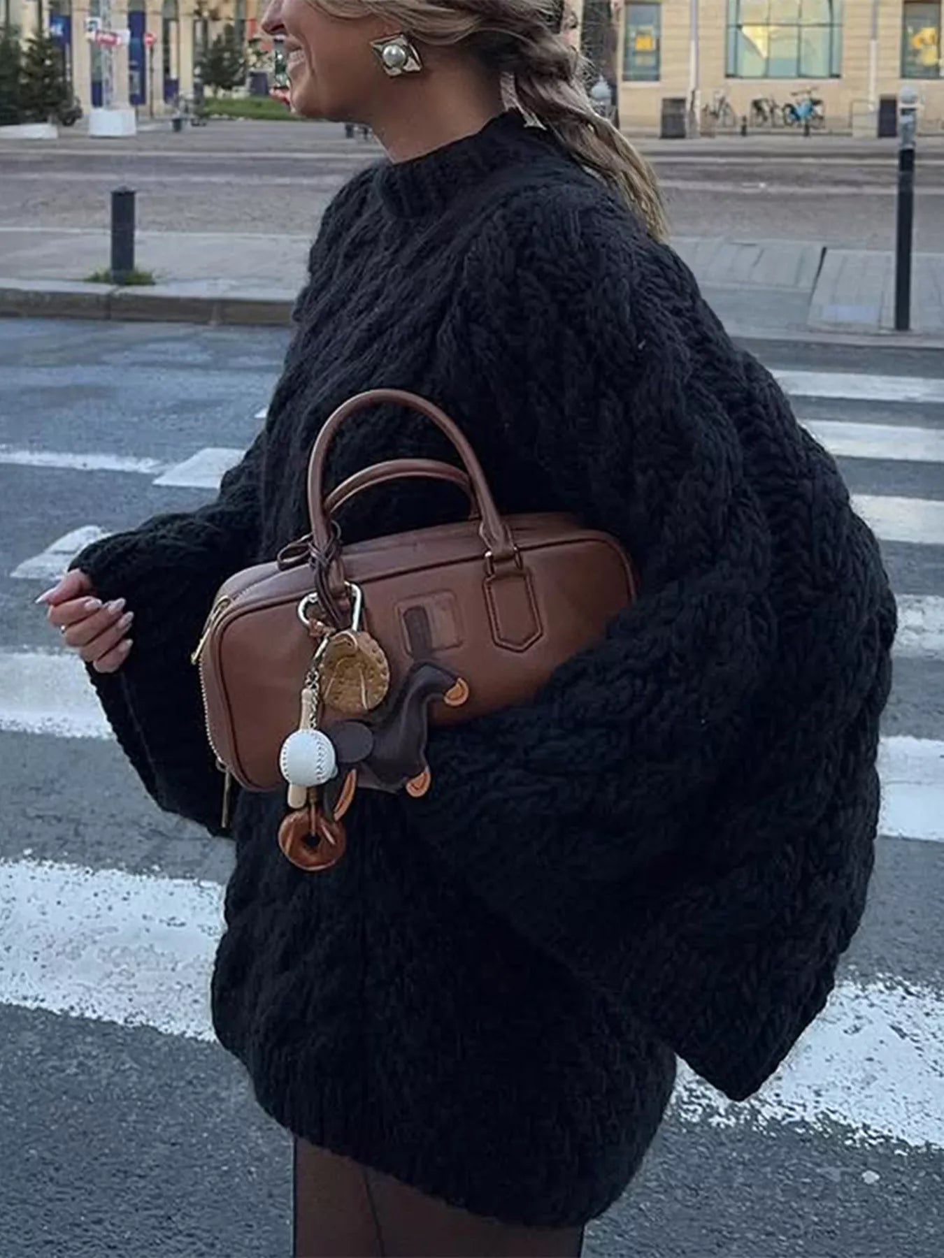 Cable Knit Round Neck Sweater Black OutfitFlow