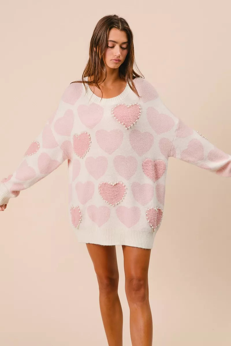 BiBi Heart Pattern Sweater with Pearl Detail OutfitFlow