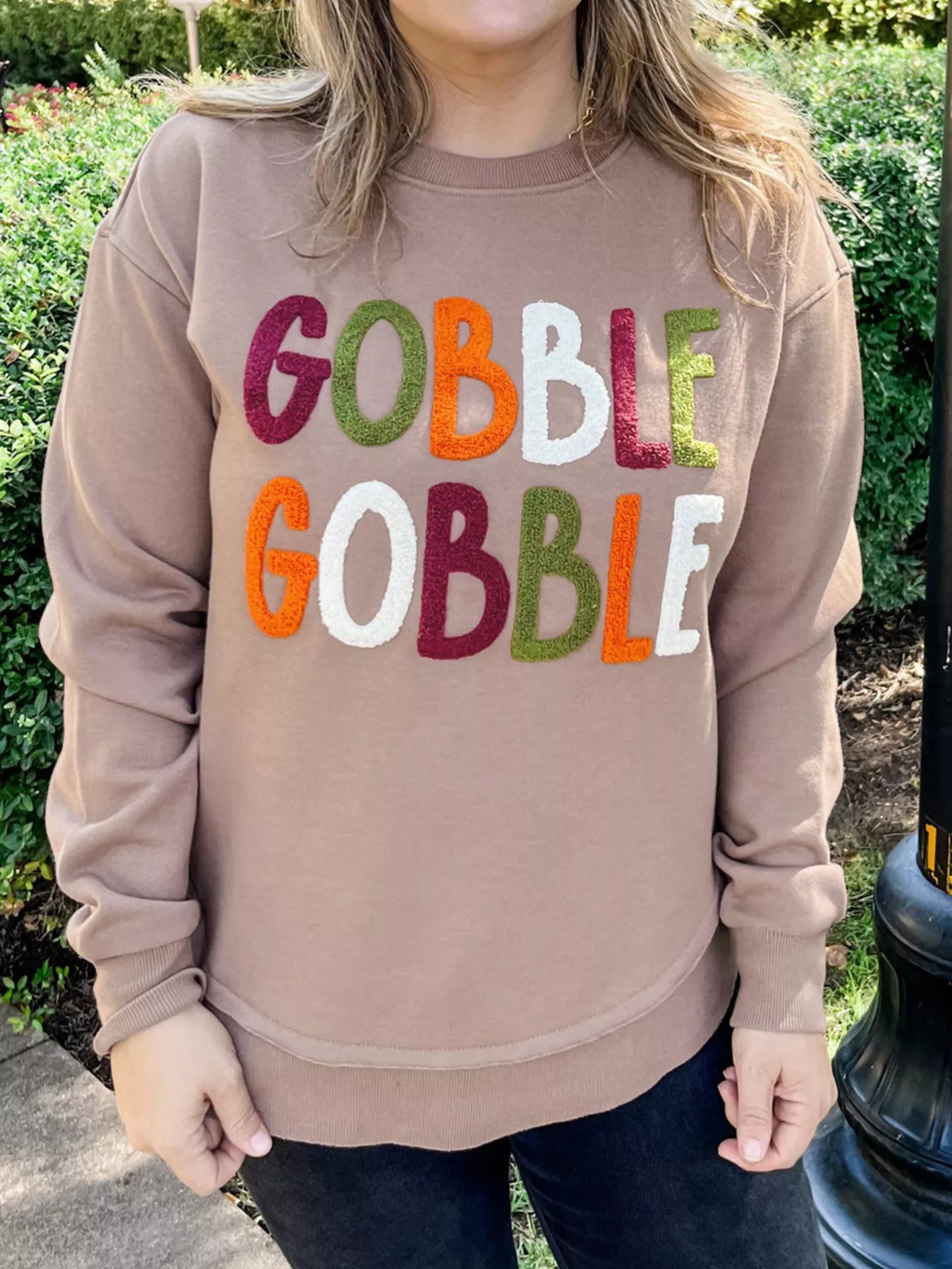 GOBBLE Letter Graphic Thanksgiving Shift Sweatshirt Dust Storm OutfitFlow