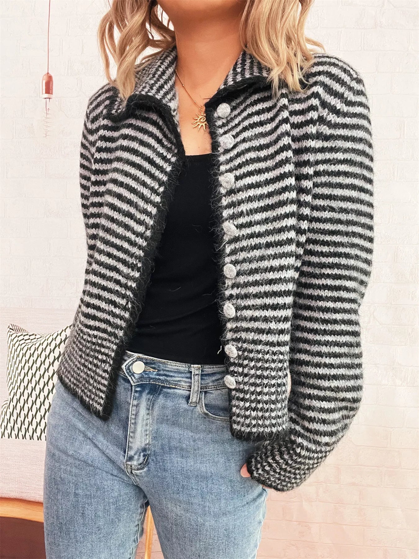 Striped Button-Up Long Sleeve Cardigan OutfitFlow