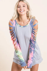 BiBi Jersey Knit Top with Tie Dye Laser Cut Sleeves OutfitFlow