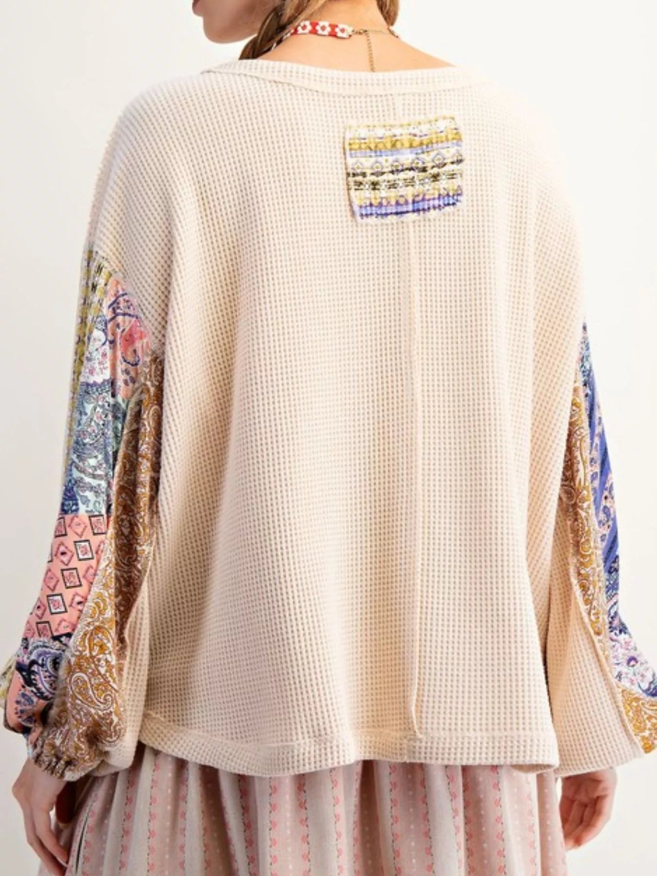 Waffle Knit Round Neck Dropped Shoulder Sweatshirt OutfitFlow