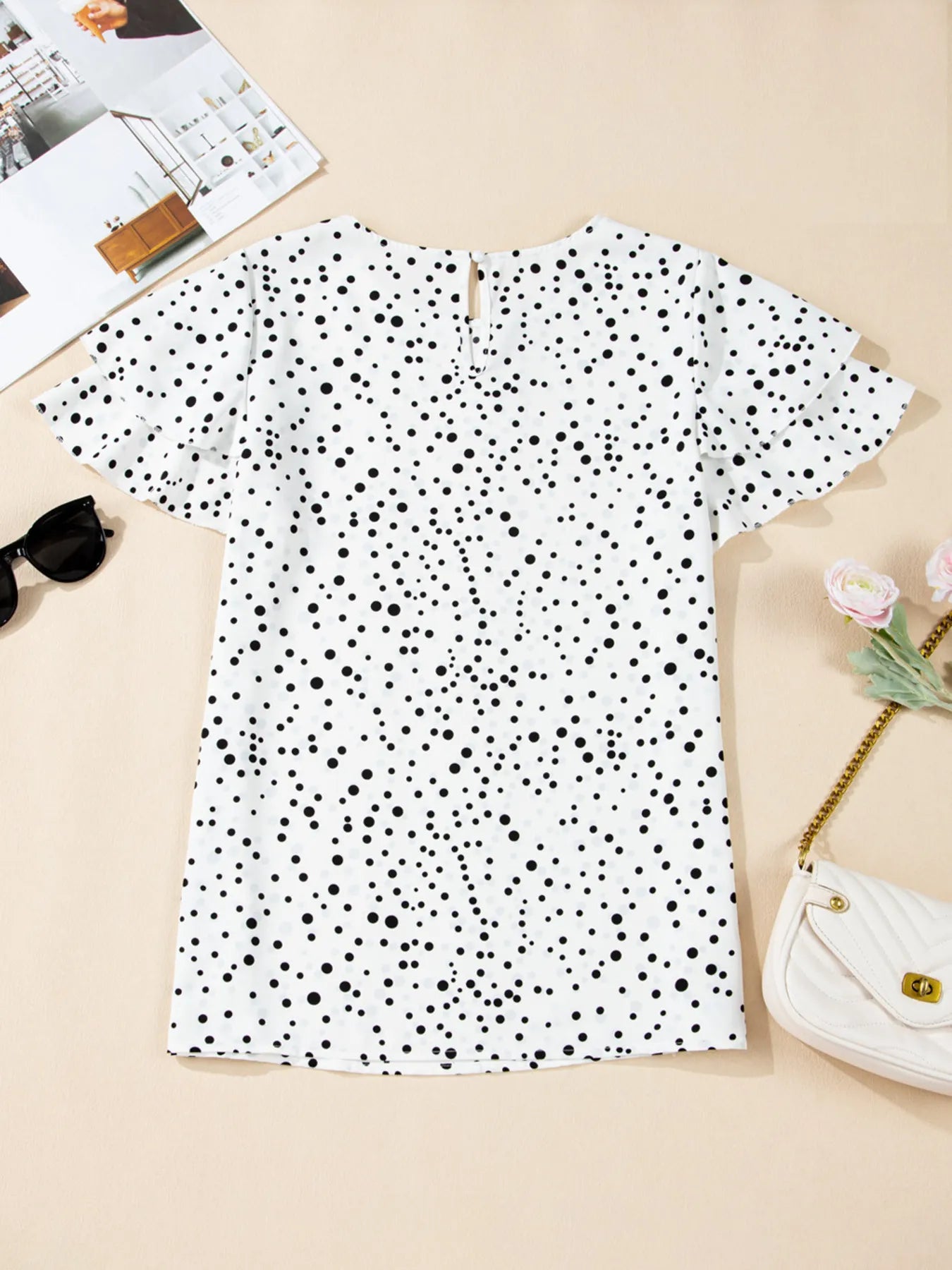 Polka Dot Layered Ruffled Short Sleeve Blouse OutfitFlow