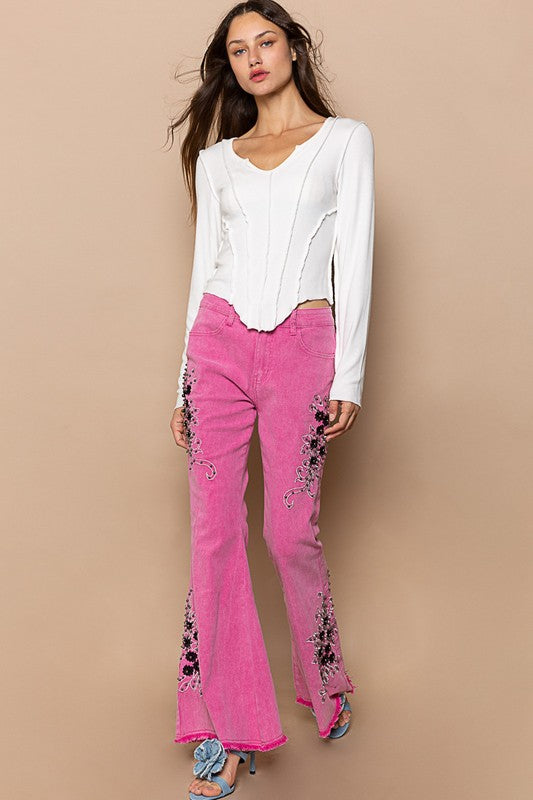 Outfit Flow - POL Raw Hem Embroidered Flare Pants