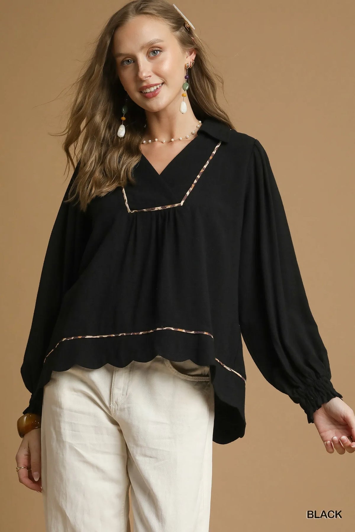 Umgee Full Size Linen Scallop Hem Blouse with Contrast Trim Plus Size Black Trendsi