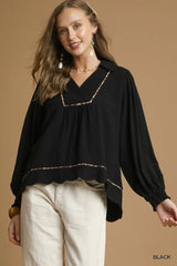 Umgee Full Size Linen Scallop Hem Blouse with Contrast Trim Plus Size Black Trendsi