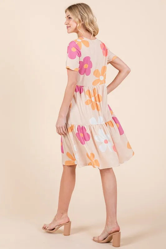 BOMBOM Floral Round Neck Short Sleeve Tiered Dress OutfitFlow