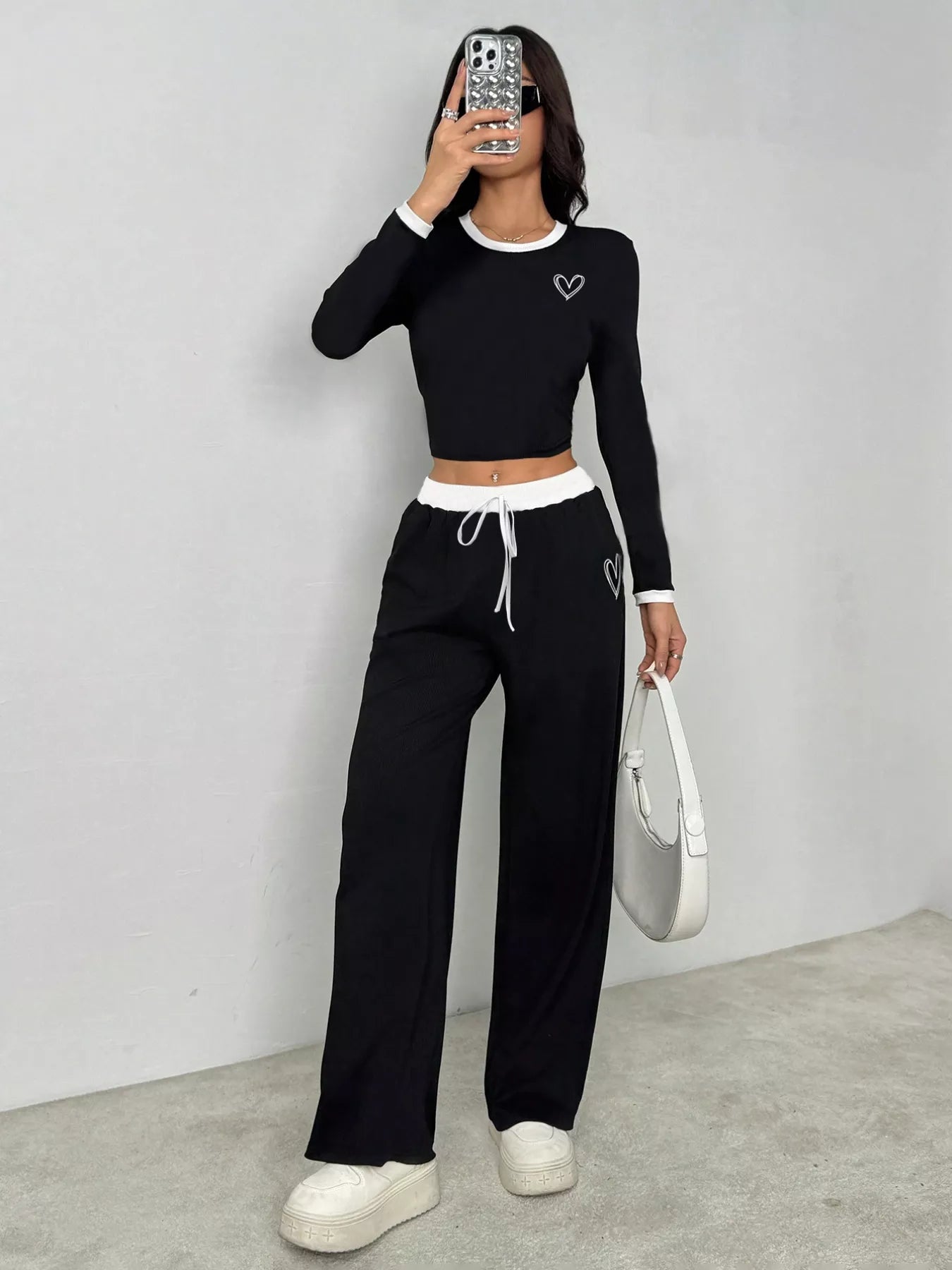 Contrast Trim Crop Top and Wide Leg Pants Set OutfitFlow