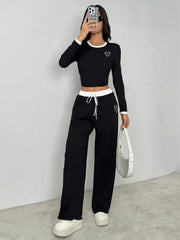 Contrast Trim Crop Top and Wide Leg Pants Set OutfitFlow