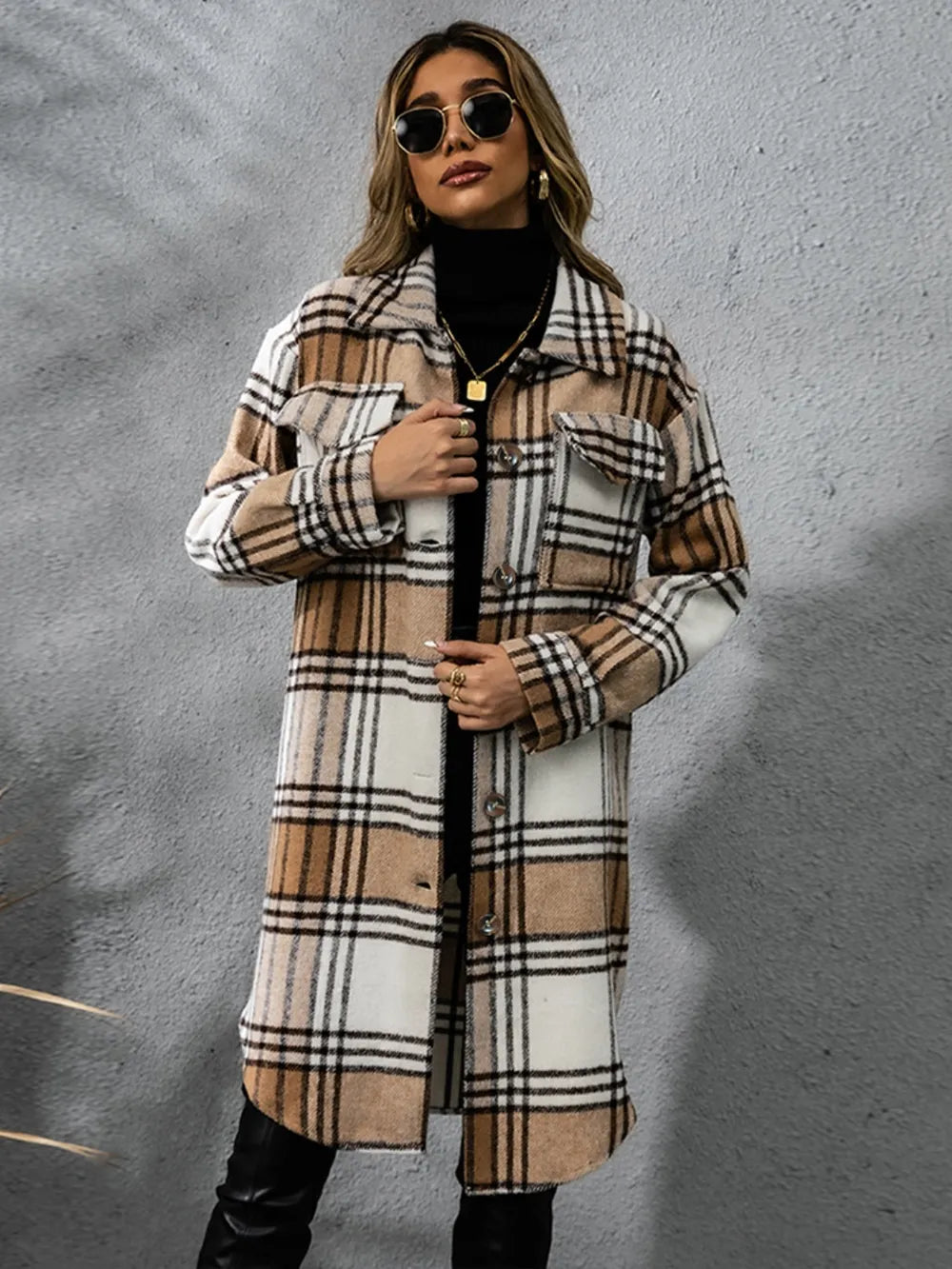 Plaid Collared Neck Long Sleeve Coat Camel OutfitFlow