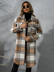 Plaid Collared Neck Long Sleeve Coat Camel OutfitFlow
