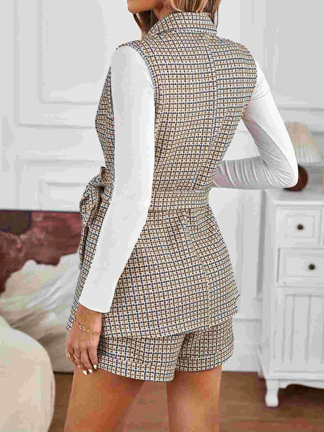 Outfit Flow - Tied Plaid Collared Neck Vest and Shorts Set