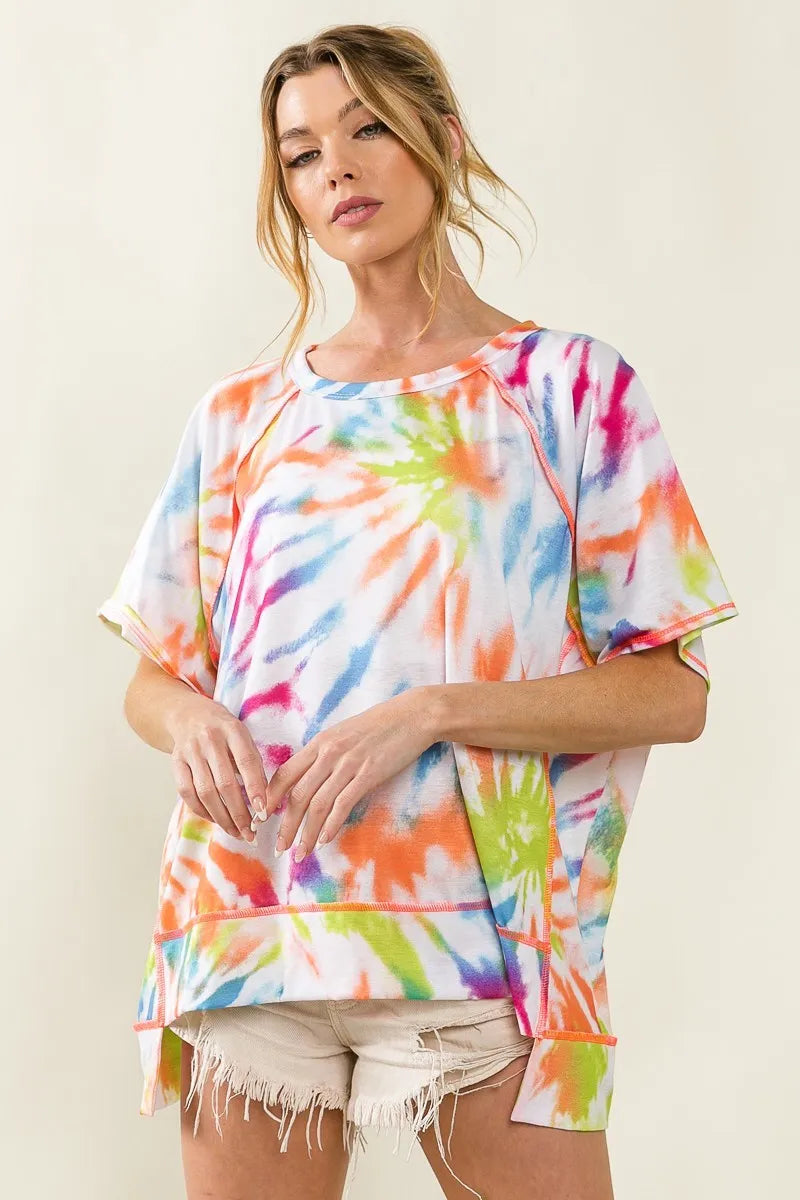 BiBi Tie Dye Print Jersey Stitched Uneven Hem Top OutfitFlow