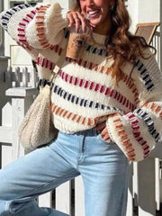 Striped Round Neck Long Sleeve Sweater OutfitFlow