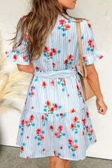 Stripe Floral Pattern Ruffle Short Sleeve Belted Mini Dress OutfitFlow