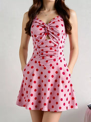 Polka Dot Halter Neck Twisted Front Mini Dress OutfitFlow