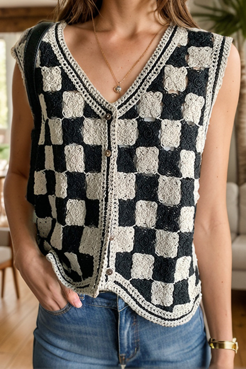 Outfit Flow - Crochet Checkered V-Neck Button Up Vest