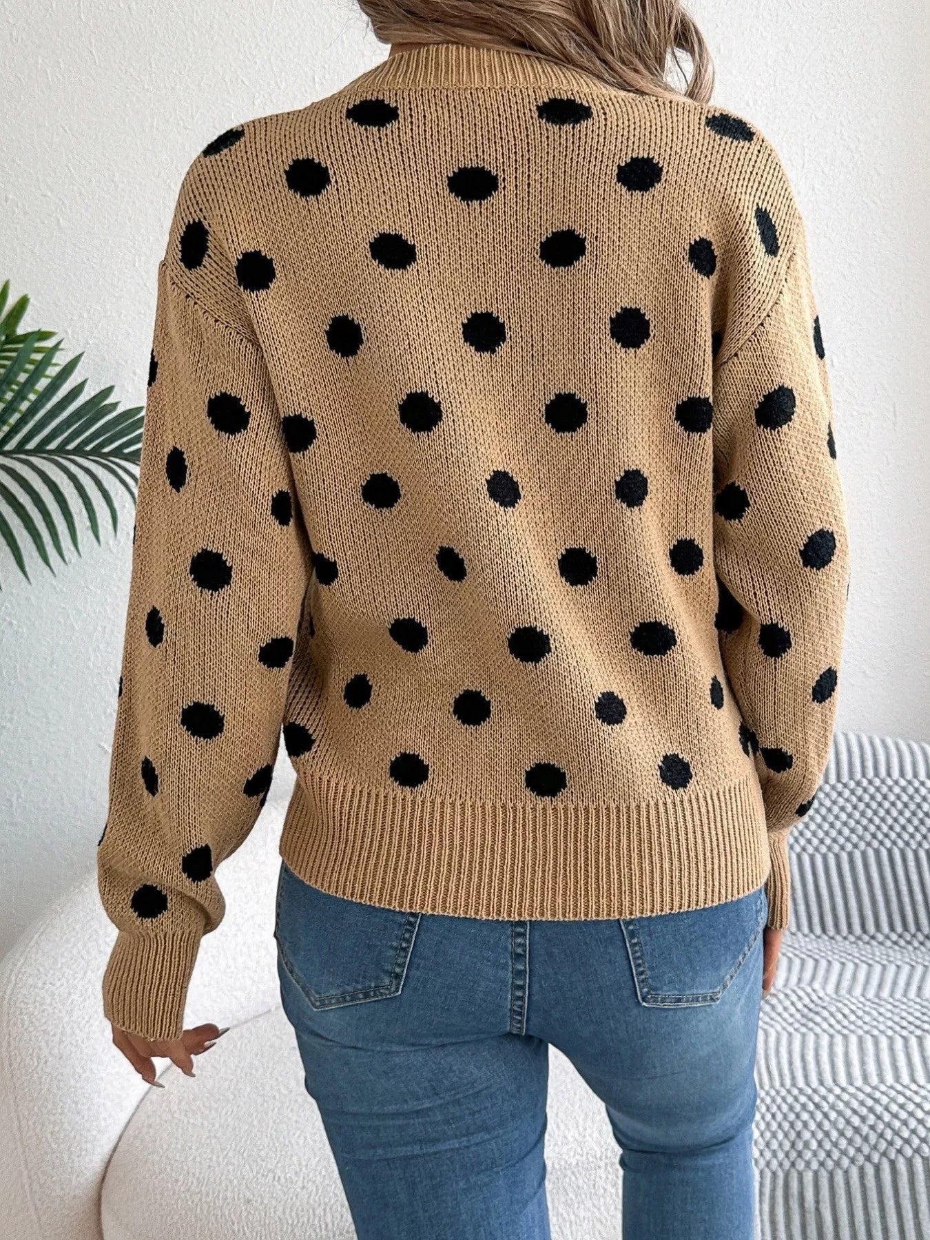 Polka Dot Round Neck Sweater OutfitFlow