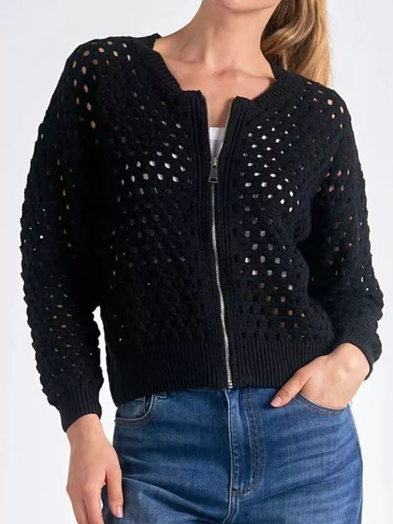 Full Size Zip Up Long Sleeve Cardigan with Eyelet Detail Plus Size Black OutfitFlow