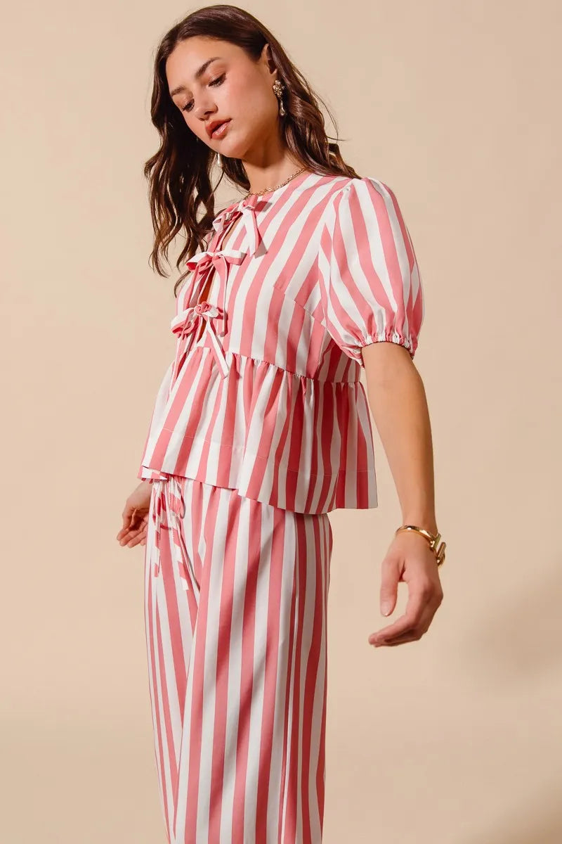 SO ME Front Tie Stripe Top With Puff Sleeves and Wide Leg Pants Set OutfitFlow
