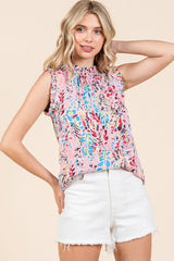 Lime 'N' Chili Full Size Graphic Print Ruffle Trim Mock Neck Sleeveless Top Plus Size OutfitFlow