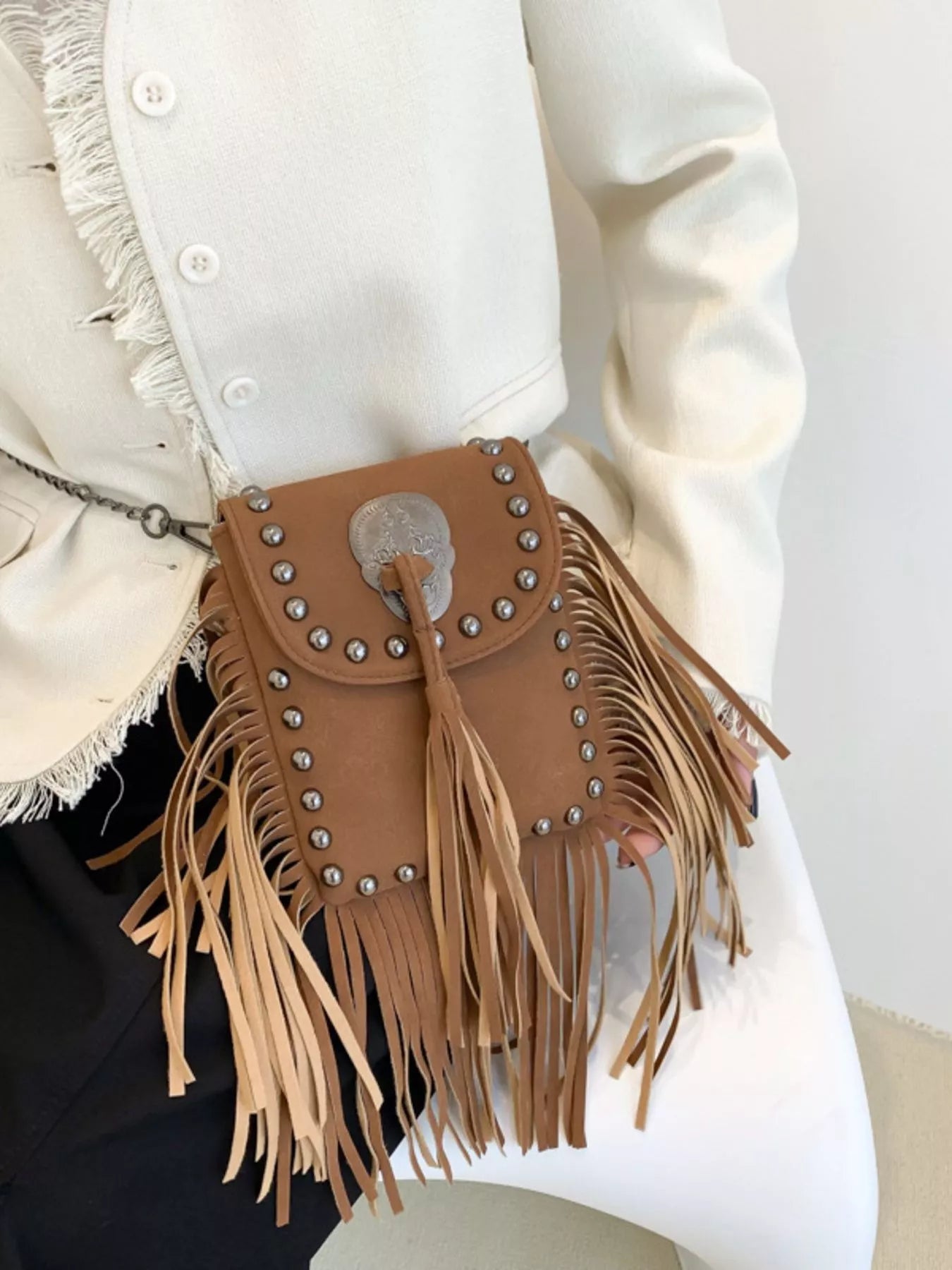 Fringe Rivet Decor Crossbody Bag Brown onesize OutfitFlow