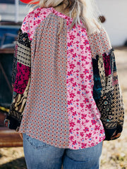 Boho Mixed Floral Drop Shoulder Bubble Sleeve Blouse OutfitFlow