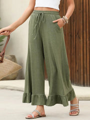 Ruffled Hem Wide Leg Pants Moss OutfitFlow