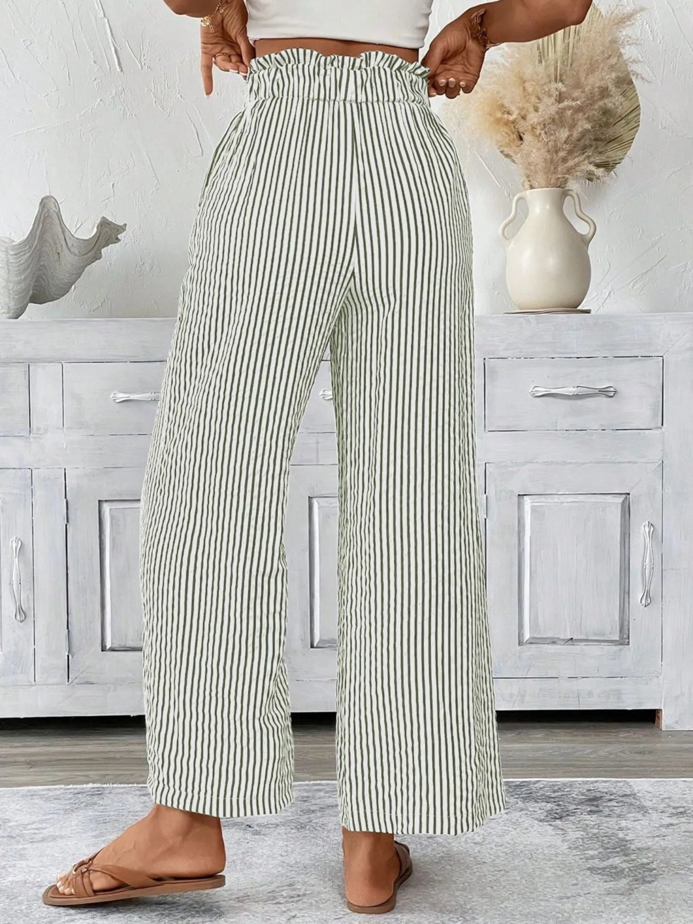 Full Size Striped Wide Leg Paper Bag Pants Plus Size OutfitFlow