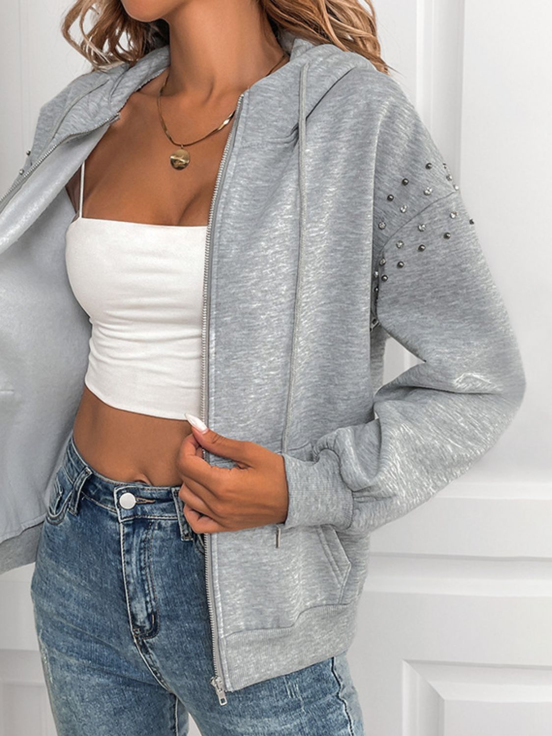 Outfit Flow - Perfee Rhinestone Zip Up Long Sleeve Hoodie