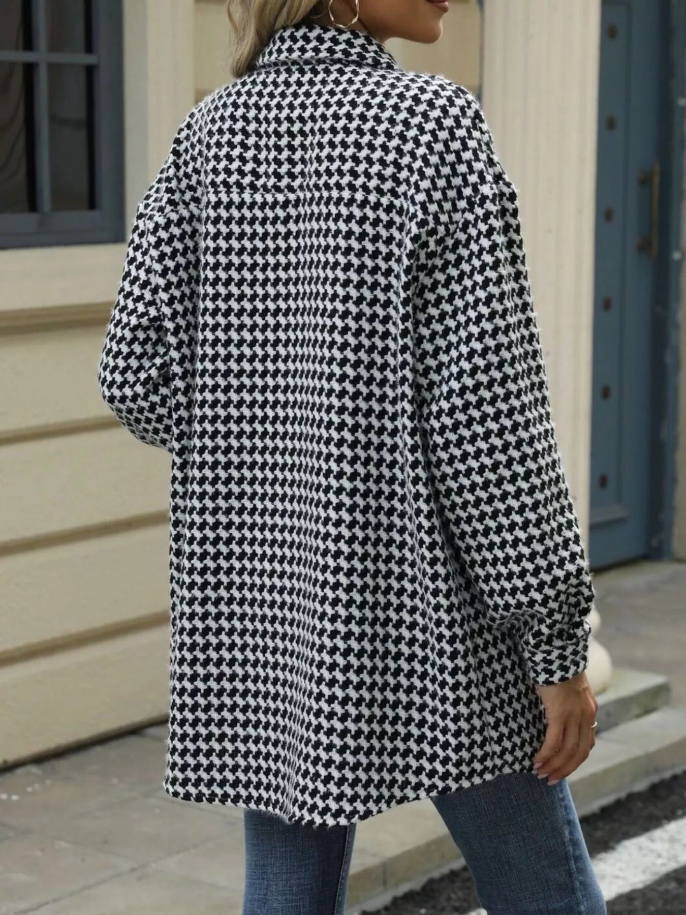 Houndstooth Button Up Long Sleeve Coat Trendsi
