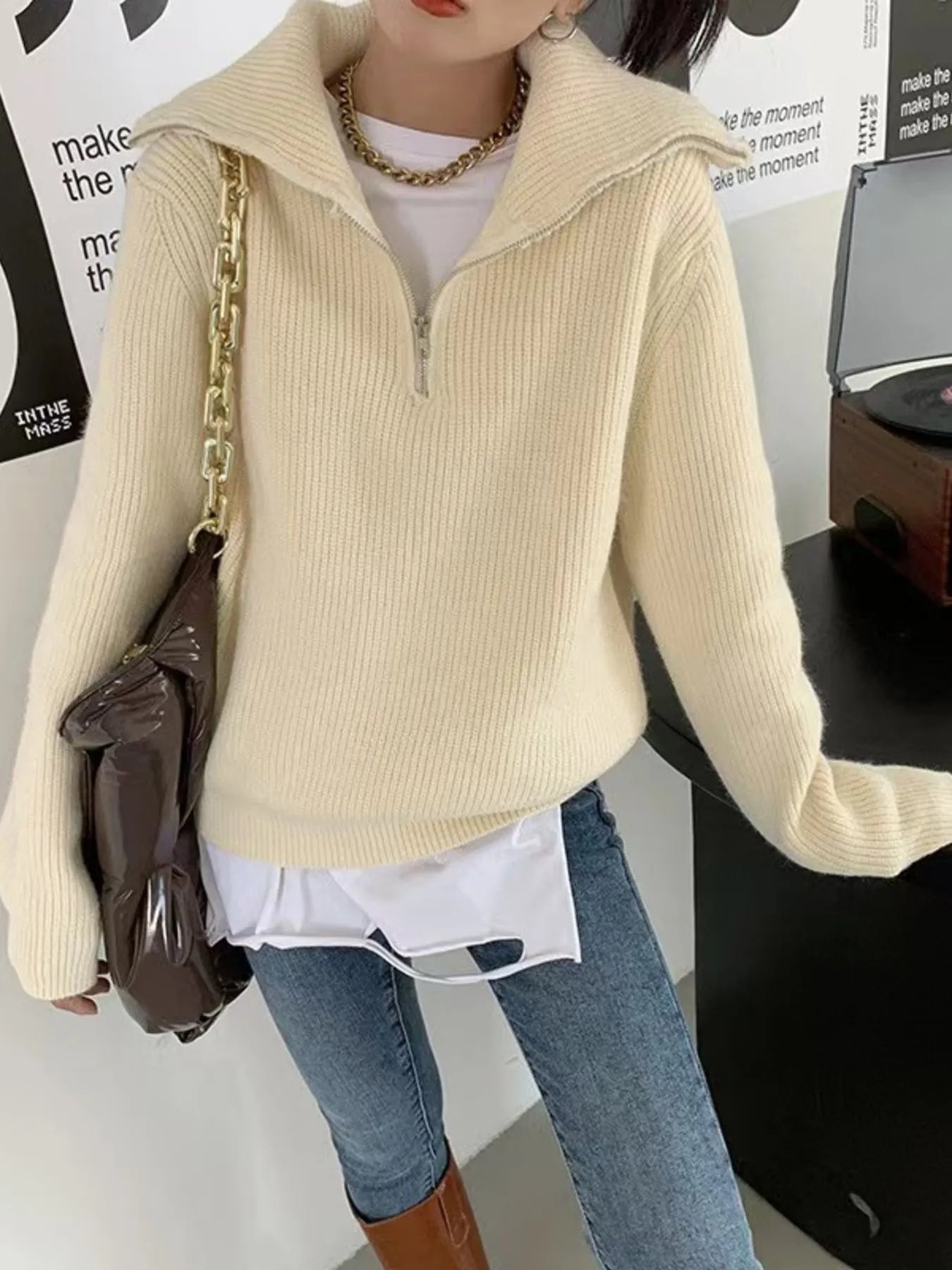 Half-Zip Long Sleeve Sweater OutfitFlow