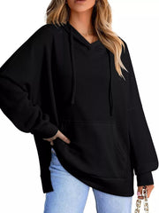 High-Low Hoodie with Kangaroo Pocket Black OutfitFlow