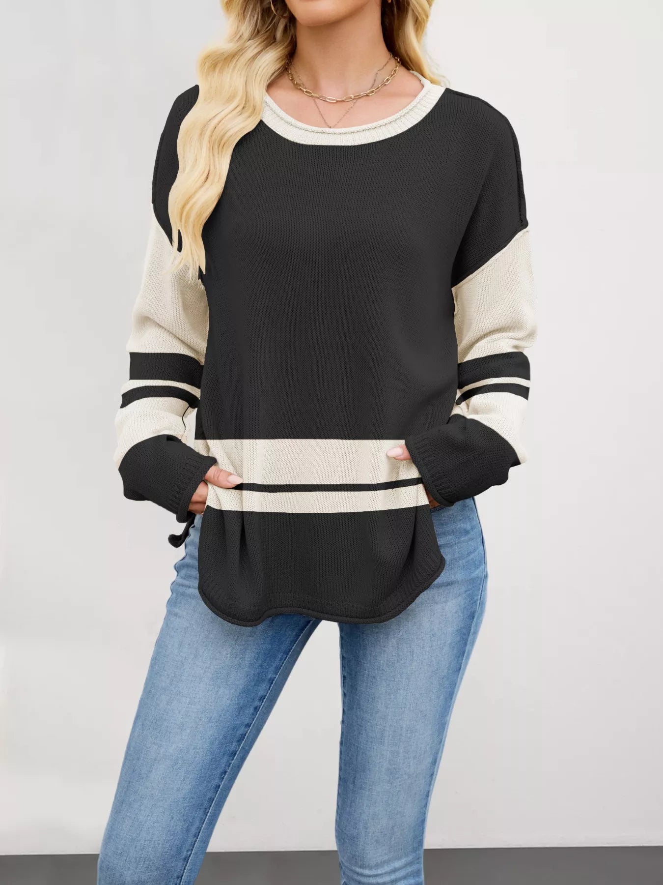Color Block Side Slit Sweater OutfitFlow