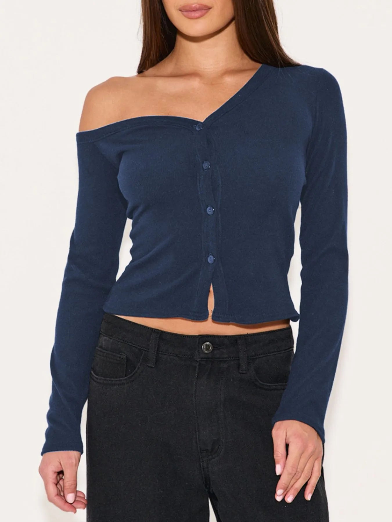 Asymmetrical Neck Button Up Cardigan Navy OutfitFlow