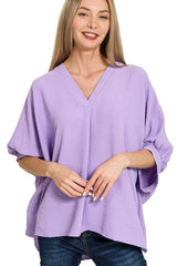 Zenana Woven Airflow V-neck Puff Half Sleeve Top OutfitFlow