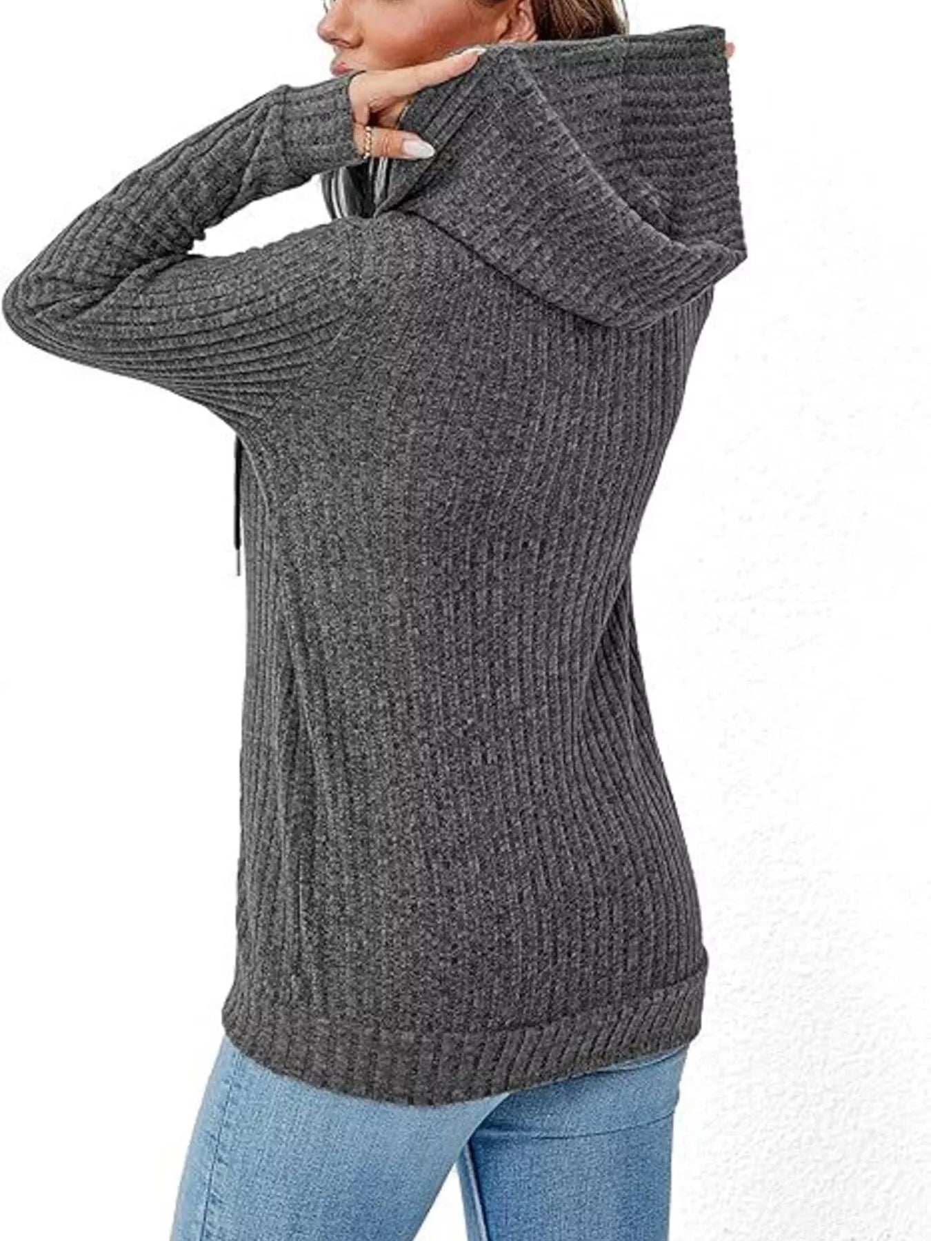 Ribbed Zip Up Hooded Outerwear Trendsi