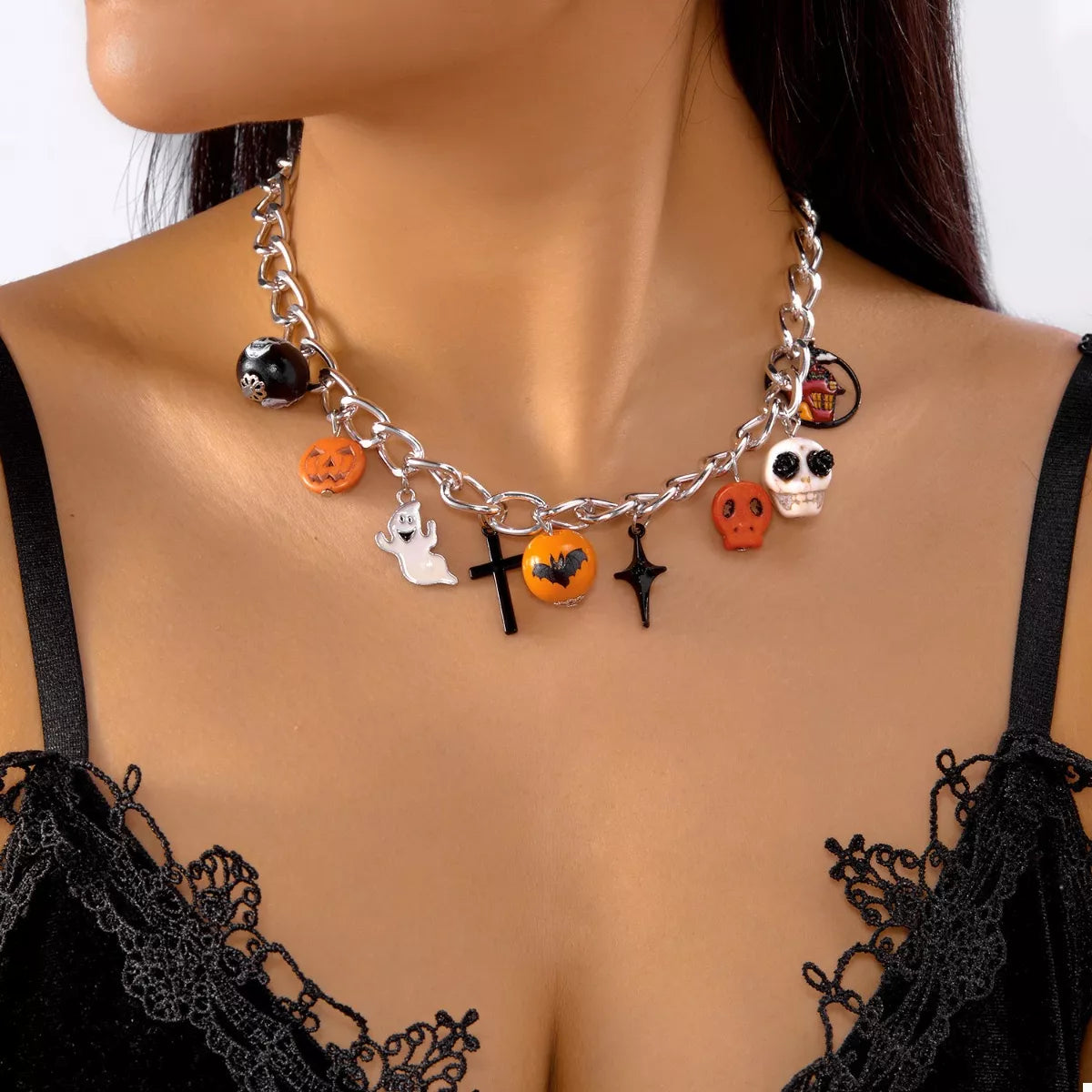 Halloween Charm Chain Necklace Silver One Size OutfitFlow