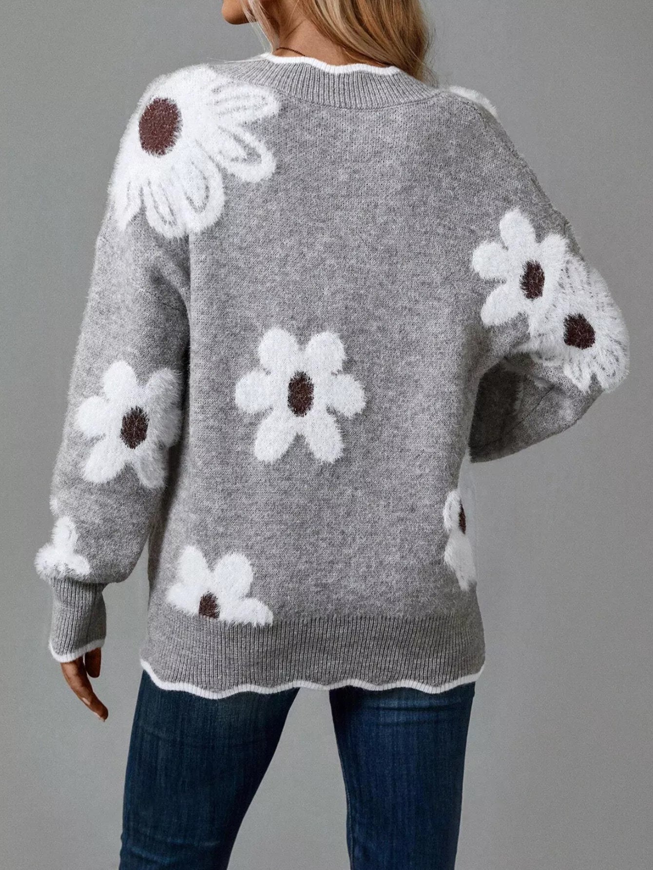 Floral V-Neck Long Sleeve Sweater OutfitFlow