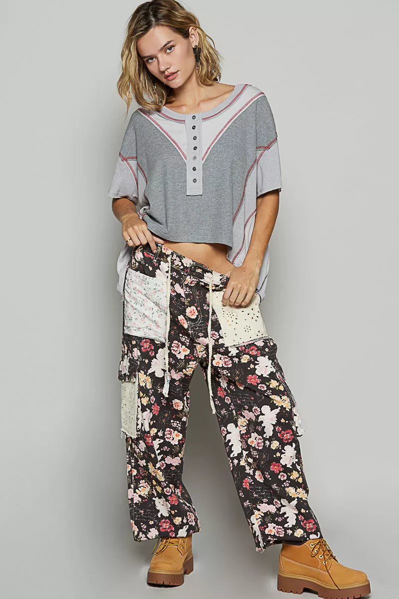 POL Round Neck Short Sleeve Contrast Stitching Top with Back Strap Detail OutfitFlow